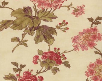 May include: A cream-colored fabric with a repeating pattern of pink flowers and green leaves. The flowers are clustered together and have a delicate, vintage look.
