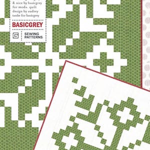 May include: A quilt pattern titled "Winter Crystal" with a green and white snowflake design. The pattern includes the text "PAT024" and "BASICGREY" and is designed for Moda fabrics. The image also includes the text "SEWING PATTERNS".
