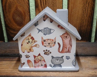 Tirelire chat de maison avec nom 10x10x5cm