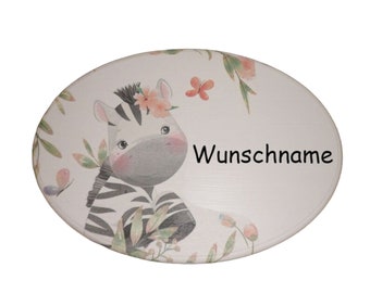 Türschild oval Zebra personalisierbar mit Namen aus Holz