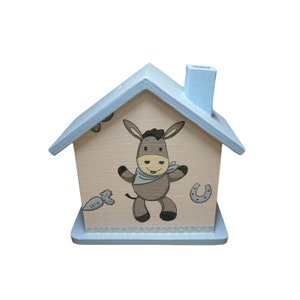 Money box house with donkey blue personalized 15 x 8 x 14.5 cm
