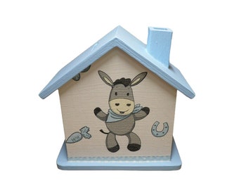 Money box house personalized with donkey blue 15 x 8 x 14.5 cm