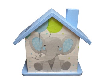 Money box house personalized with elephant blue 15 x 8 x 14.5 cm