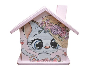 Money box house cat personalized 15 x 8 x 14.5 cm made of wood