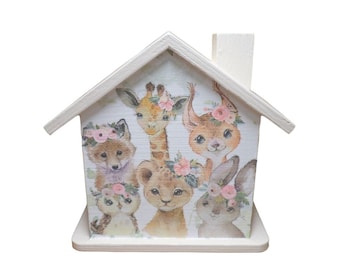 Money box house personalized with giraffe owl lion fox rabbit 15 x 8 x 14.5 cm