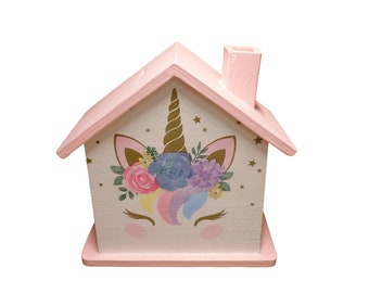 Spardose Haus mit Einhorn personalisiert 15 x 8 x 14,5 cm