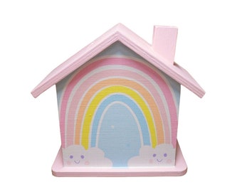 Spardose Haus Regenbogen personalisiert 15 x 8 x 14,5 cm aus Holz