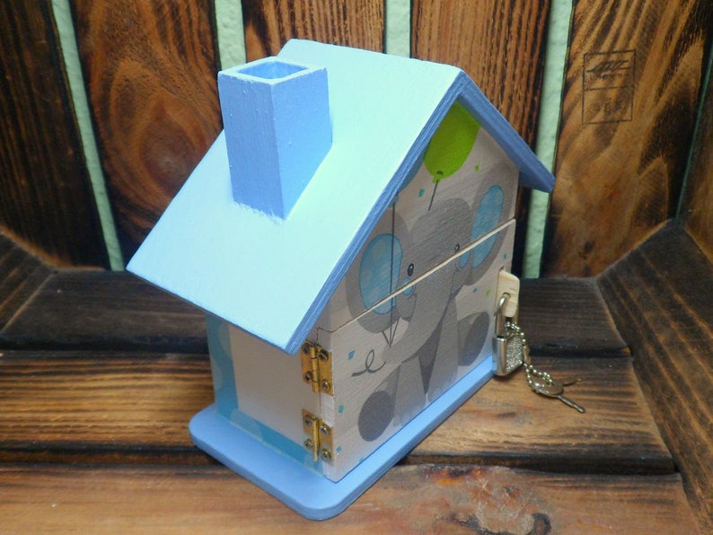 Tirelire maison personnalisée avec éléphant bleu 15 x 8 x 14,5 cm image 5