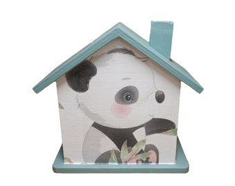 Spardose Haus mit Panda personalisiert 15 x 8 x 14,5 cm