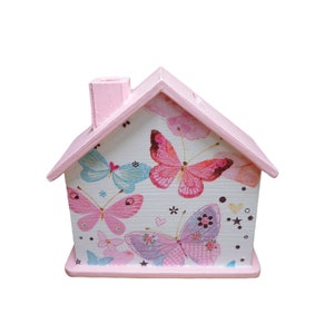 Tirelire maison avec papillons personnalisée 10x10x5cm image 1