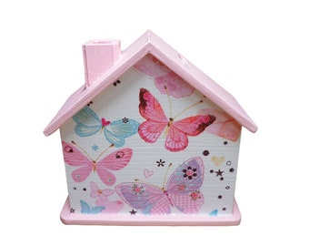 Tirelire maison avec papillons personnalisée 10x10x5cm