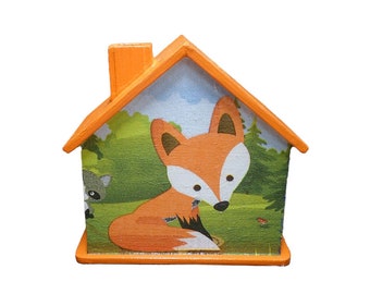 Tirelire maison renard avec nom 10x10x5cm