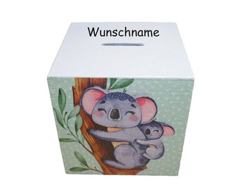 Tirelire cube Koala personnalisée pour enfant 10 x 10 x 10 cm