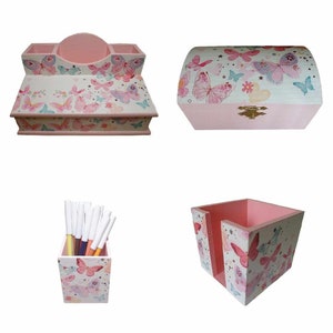 Set of pencil boxes, note box, small chest butterflies made of wood as an organizational aid for the desk