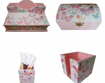 Set of pen boxes, note box, small chest of butterflies made of wood as an organizational aid for the desk