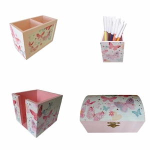 Set of pencil boxes, note box, small chest butterflies made of wood as an organizational aid for the desk
