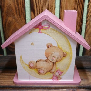 Tirelire maison avec ours rose antique personnalisée 15 x 8 x 14,5 cm image 2