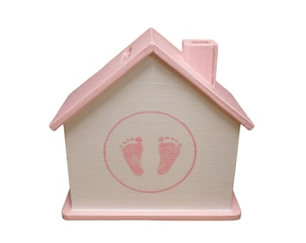 Tirelire baptême ou naissance en bois personnalisée avec prénom rose 10x10x5cm