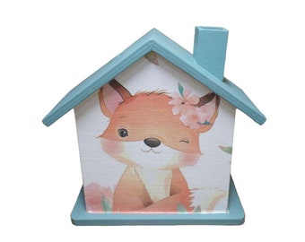 Spardose Haus mit Fuchs personalisiert 15 x 8 x 14,5 cm