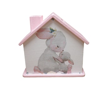 Money box house with rabbits with name 10x10x5cm