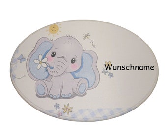 Türschild oval Elefant blau aus Holz personalisiert