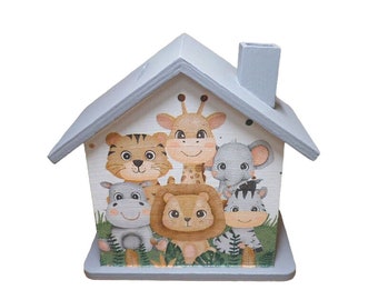 Tirelire maison animaux safari jungle personnalisée 15 x 8 x 14,5 cm en bois