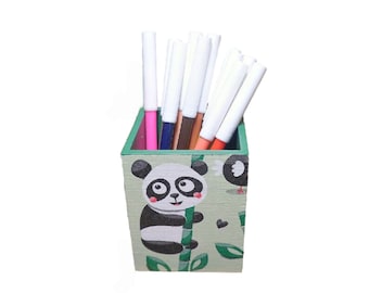 small wooden pencil box with pandas 9.5x7.5x7.5 cm