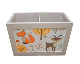 Wooden pen box with fox forest animals deer