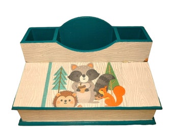 Stiftebox Organizer Waschbär Fuchs Waldtiere aus Holz