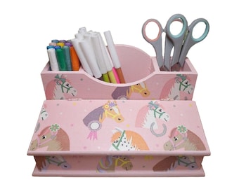 Wooden pencil box with horses for children