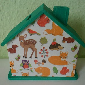 Spardose Animaux forestiers maison avec le nom pour les enfants 10x10x5cm image 1