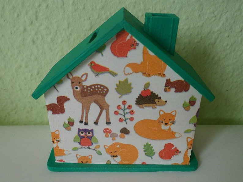 Spardose Animaux forestiers maison avec le nom pour les enfants 10x10x5cm image 1