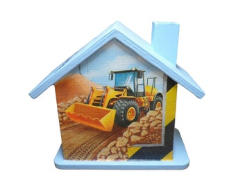 Spardose Haus mit Bagger Baustelle personalisiert 15 x 8 x 14,5 cm