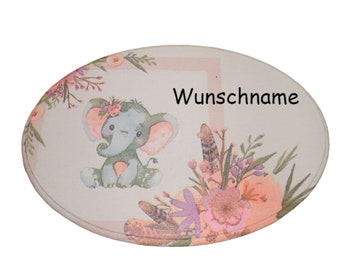 Türschild oval Elefant rosa aus Holz personalisiert