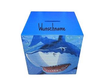 Salvadanaio squalo con nome personalizzato per bambini 12 x 12 x 12 cm