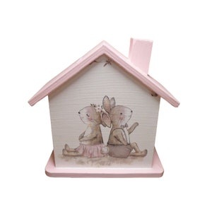 Money box house rabbits personalized 15 x 8 x 14.5 cm made of wood