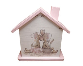 Tirelire maison lapin personnalisée 15 x 8 x 14,5 cm en bois