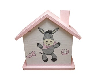 Money box house personalized with donkey pink 15 x 8 x 14.5 cm