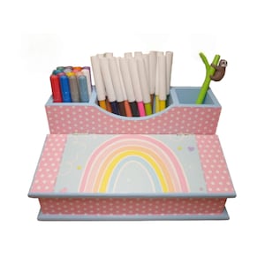 Wooden pencil box with rainbow motif for children