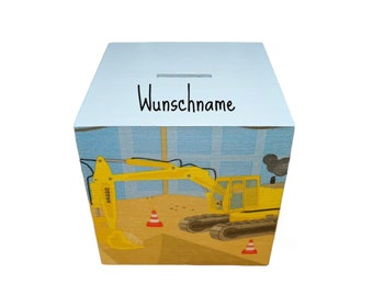 Money box construction site excavator personalized for children 12 x 12 x 12 cm