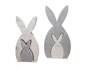 Ensemble de lapins en bois gris et blanc, parfait comme cadeau de Pâques