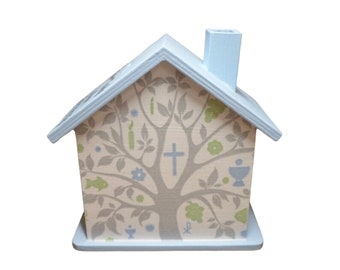 Tirelire maison baptême communion confirmation arbre personnalisé 15 x 8 x 14,5 cm