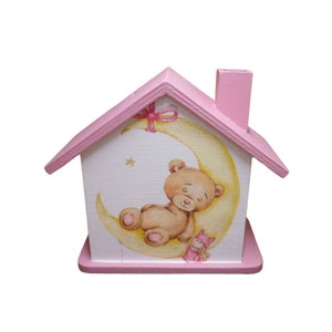 Money box house with bear antique pink personalized 15 x 8 x 14.5 cm
