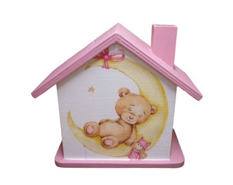 Tirelire maison avec ours rose antique personnalisée 15 x 8 x 14,5 cm