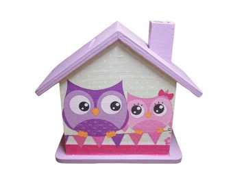 Money box house with owls personalized 15 x 8 x 14.5 cm