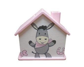 Spardose Haus Esel rosa mit Namen 10x10x5cm