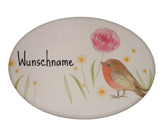 Oval door sign with robin bird and name