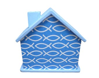 Tirelire maison baptême bleu 10x10x5cm