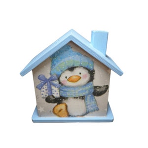 Money box house with penguin blue personalized 15 x 8 x 14.5 cm