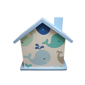 Money box house with whale in blue personalized 15 x 8 x 14.5 cm
